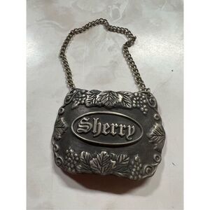 VTG Bacchus Pewter Sherry Bottle Decanter Hanging Tag Label Chain USA 2.25” Wide